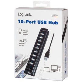 Logilink USB 2.0 Hub 10-Port inkl. Netzteil und LED Aktivitätsanzeige