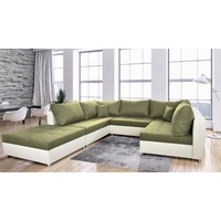 Fun Möbel Wohnlandschaft Sofa U-Form ANDRO, Inkl. Schlaffunktion, Bettkasten und Hocker, in drei verschiedenen Stoffen, Inkl. 2 Zierkissen und 7 Rückenkissen grün|weiß