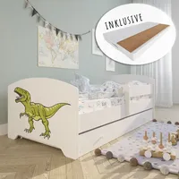 Kids Collective Kinderbett 160x80 cm mit Matratze und Schublade, Rausfallschutz & Lattenrost weiß mit Dinosaurier Motiv III - Weiß