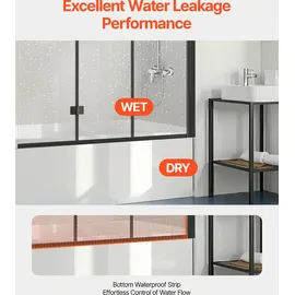 Vevor Badewannen Duschtür (1295 x 1422 mm / B x H) rahmenlose, klappbare Duschtür mit Scharnier, dreifach gefaltete Duschglastür mit 180° drehbares Design, für Badewanne, schwarz