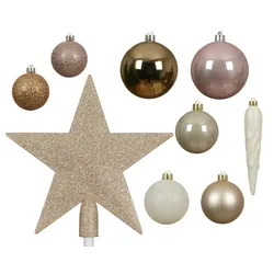 33 Weihnachtskugeln Kunststoff mit Christbaumstern Set bruchsicher Christbaumkugeln Weihnachtsbaumkugeln Christbaumspitze Beige Rosa Mix