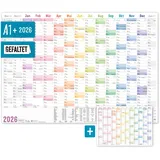 Häfft Häfft® XXL Wandkalender 2026 groß A1 + quer (89 x 63 cm), gefalzt, 15 Monate: Nov 2025 - Jan 2027 inkl. A4-Jahresplaner, Wandplaner "Rainbow" - nachhaltig & klimafreundlich