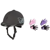 Covalliero Helm Reithelm Beauty VG1, Schwarz, 53-57 cm & Kinder Kinderreithandschuh Lilli Black/Purple, Größe S Reithandschuh, S