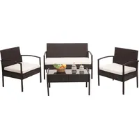 Mendler Poly-Rattan Garnitur HWC-F56, Balkon-/Garten-/Lounge-Set Sitzgruppe braun, Kissen creme