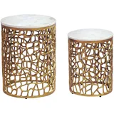 FineBuy 2er Set Couchtisch gold Marmor rund Wohnzimmertisch Beistelltisch Satztisch Alu