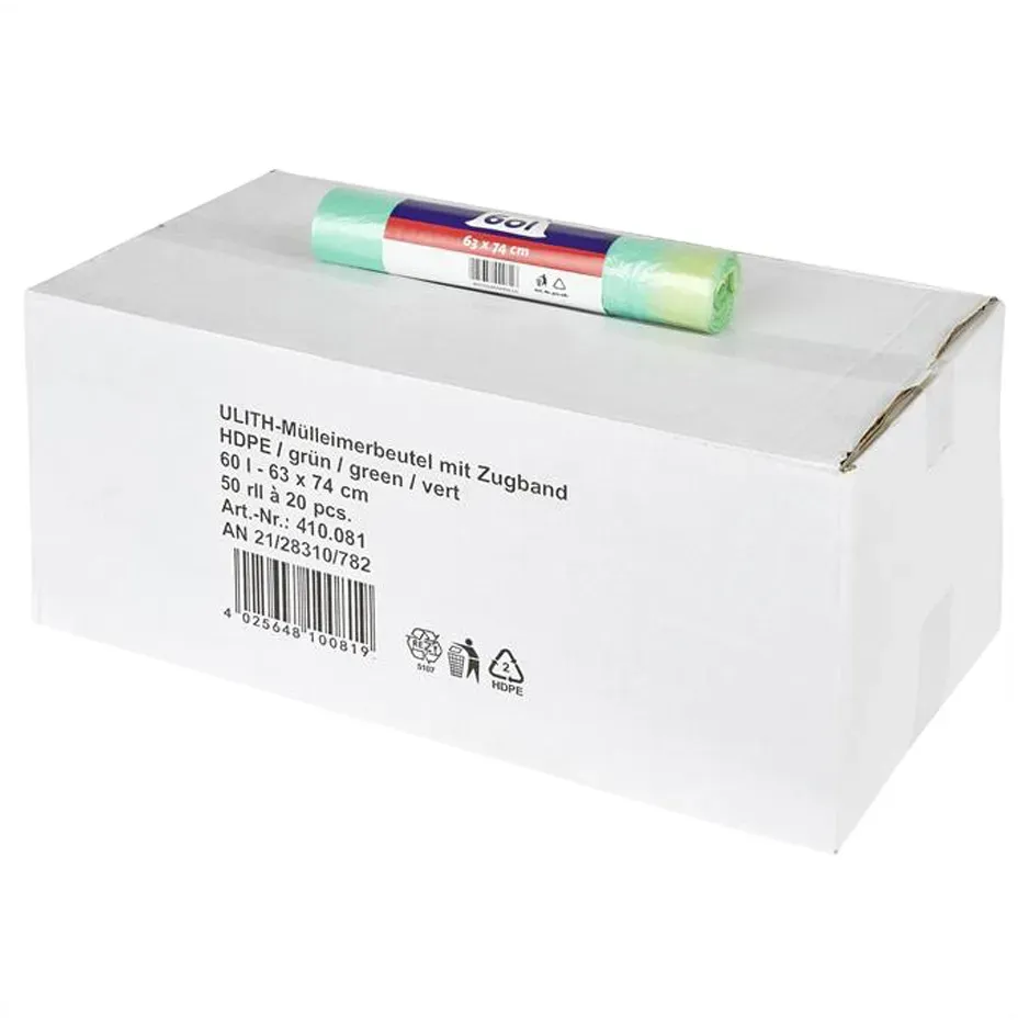 WBV Ulith Mülleimerbeutel mit Zugband 60 Liter, grün, 10,5 my 1 Karton = 1000 Stück