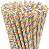 100 Stück Strohhalme Papier, Biologisch Abbaubare Papierstrohhalme, Regenbogen Streifen Trinkhalme, Bunte Papier Einweg-Strohhalme, für Geburtstag, Hochzeiten, Party, Weihnachten, Cocktail