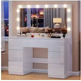HOMALL Schminktisch mit großem Spiegel, 120 cm, 7 Schubladen, Schmuckschrank (XXL-Spiegel 106×51 cm (30×51 aufklappbar m. Schmuckschrank) · 120 cm · 7 Schubladen · LED-Birne · 2 Steckdosen+USB/Type-C · E1-MDF · 2 Farben · Hocker opt) 120 cm