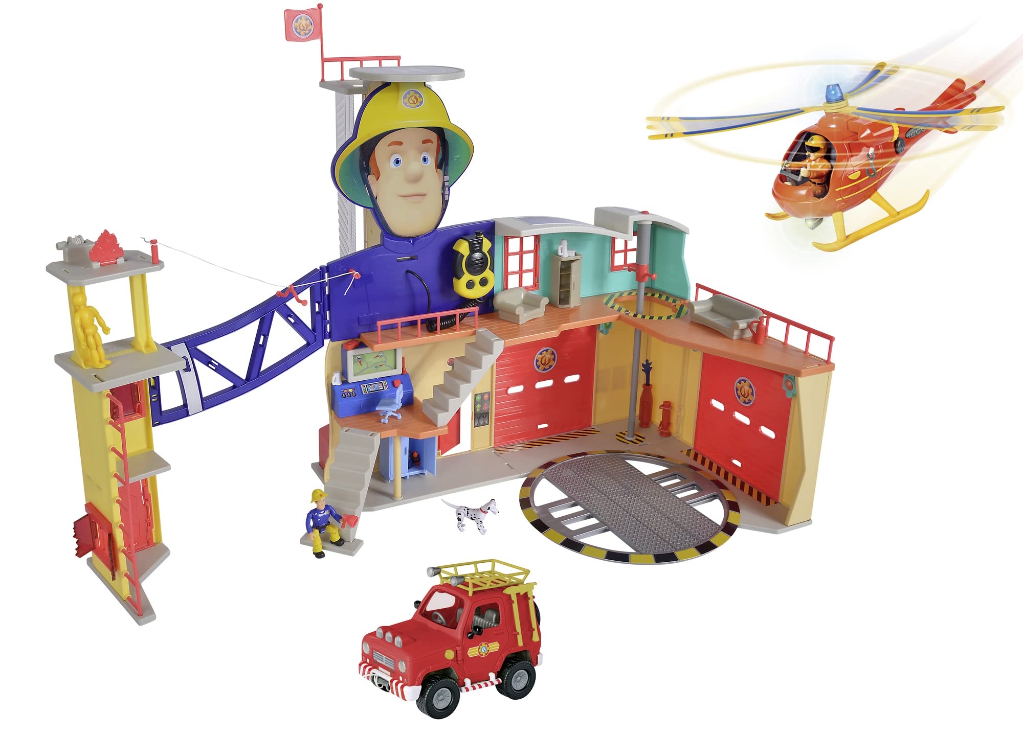 Simba - Mega XXL Feuerwehrmann Sam Station - Feuerwehrstation mit Hubschrauber Wallaby, 4x4 Feuerwehr-Auto (rot) und Figuren von Sam, Tom & Penny, Spielzeug für Kinder ab 3 Jahre [Exklusiv bei Amazon]