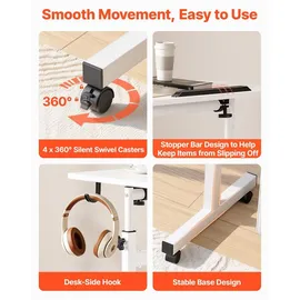 Vevor Höhenverstellbarer Schreibtisch 810x410mm, 25kg Belastbarer Computertisch mit 360° Neigbarer Tischplatte, Bürotisch mit Haken Feststellbaren Rollen, Steh-Sitz-Tisch für Homeoffice Arbeitszimmer