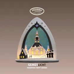 Lichterbogen WEIGLA "LED Seiffener Kirche, moderne Lichterspitze aus Holz & Acrylglas", grau (grau, blau), H:53cm T:9cm, Holz, Holz, Schwibbögen, Erzgebirge garantiert, Weihnachtsdeko Innen, Weihnachtsbeleuchtung
