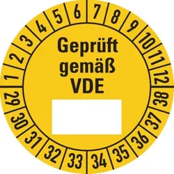 König Werbeanlagen Dreifke® Etikett Geprüft gemäß VDE ab 29, gelb/schwarz - 30 mm Folie selbstklebend