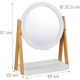 Relaxdays Kosmetikspiegel, schwenkbar, mit Ablage für Make Up, Kosmetik, Tischspiegel ∅ 32,5 cm, Bambus, MDF, weiß-Natur