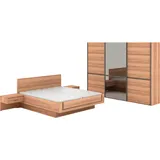 Schlafzimmer-Set MUSTERRING "Sorrent, Kleiderschrank, Bett & Nachtkommoden, teilmassiv Eiche", braun, Schrank 300cm Breit / 217cm Hoch + ohne Matratze, B/H: 180cm x 200cm, Massivholz, Holz teilmassiv, Glas, Holzwerkstoff, Spanplatte, Hartfaserplatte, Schlafzimmermöbel-Sets, mit Schwebetürenschrank, Bett schwebende Optik, Breite Schrank 250cm