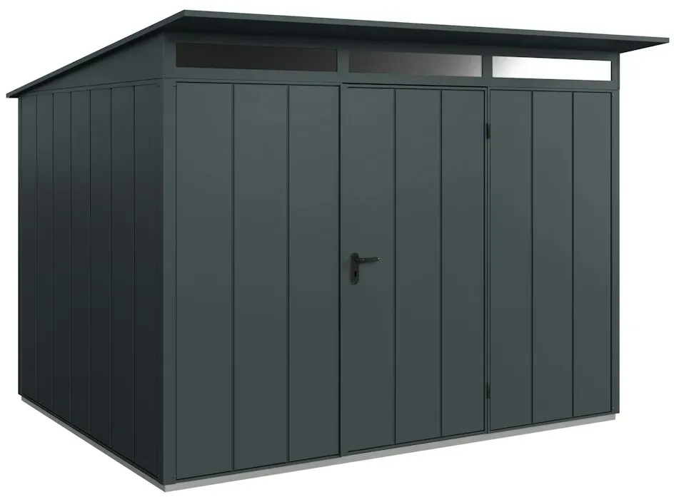 Hörmann Metall-Gerätehaus Berry mit Pultdach B 302 x T 238 cm (Typ 3), Motiv Modern (mit breiten Lamellen), Einzeltür Türanschlag rechts, Anthrazitgrau (RAL 7016)