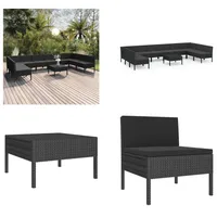 vidaXL 11 tlg. Garten Lounge Set mit Auflagen Poly Rattan Schwarz - Garten-Sofagarnitur - Garten-Sofagarnituren - Gartensofa-Set - Gartensofa-Sets - Schwarz