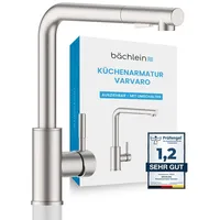 Bächlein Küchenarmatur Varvaro – 360 Grad schwenkbarer Wasserhahn für die Küche (gebürsteter Edelstahl) – Einhand-Spültischbatterie aus Edelstahl mit ausziehbarem Schlauch und Brause mit Umschalter