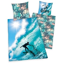 Bettwäsche Surfer 135x200cm Wellenreiter Blau Weiß, Herding, Renforcé, 2 teilig, supercoole Surferbettwäsche blau