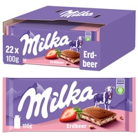Milka Erdbeer Tafel 22 x 100g, Alpenmilch Tafelschokolade mit Erdbeercrème, Noch schokoladiger
