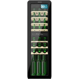 Cecotec "Cecotec Weinkühlschrank 30 Hit Black. Schwarz mit 2 Temperaturzonen (5-12oC, 12-20oC), LED-Steuerung, NoFrost, Holzregale, Innenbeleuchtung")