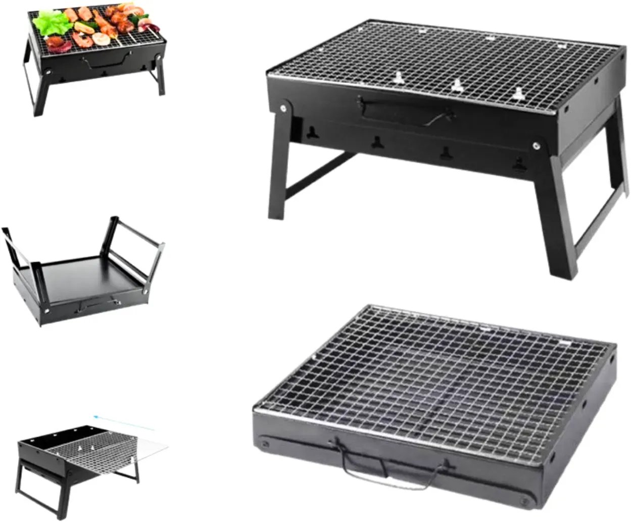 Toolbrothers Outdoor tragbarer Holzkohle Grill für Camping werkzeuglose Montage 43 x 29 x 23 cm Schwarz Chrom beschichtet Smoker BBQ Pit Grill