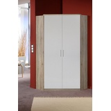 möbelando Eckschrank Joker aus Spanplatte in San Remo-Eiche-Nachbildung mit 8 Einlegeböden und Absetzungen in Weiß. Abmessungen (B/H/T) 95x199x95 cm