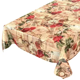 ANRO Tischdecke Wachstischdecke Wachstuch Landhaus Rosen Briefe 100 x 140 cm Beige