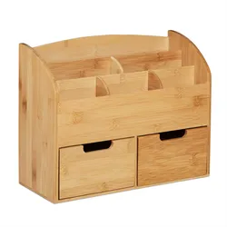Relaxdays Schreibtisch Organizer, 6 Fächer, 2 Schubladen, für Büroutensilien, Bambus, Briefablage, 26x33x13,5 cm, natur