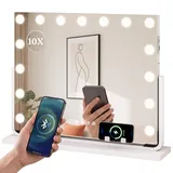 YITAHOME 15 LED Schminkspiegel Hollywood Stil, 58x46 cm, Kosmetikspiegel mit Bluetooth Lautsprecher, USB & Type-C Anschluss, 3 Farbtemperaturen dimmbar, 10X Vergrößerungsspiegel & Handyhalterung, Weiß