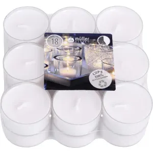 Müller Kerzen 5h Clear Cups, weiß, Transparente Teelichter zum stimmungsvollen Beleuchten von Kerzengläsern, 1 Packung = 18 Stück, (Ø x H): 38 x 105 mm