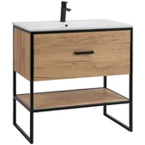 Lomadox Waschtischunterschrank mit Keramik-Becken Industrial-Style in Gold Craft Oak Eiche schwarz b/h/t: 80/85/46cm