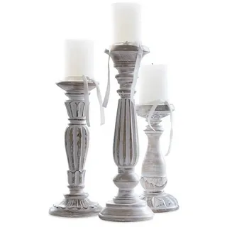 Loberon Kerzenständer 3er Set Folligny, DREI Größen & Designs, romantischer Shabby-Look, für Stumpenkerzen, Kerzenhalter, Kerzenleuchter, Mangoholz, Eisen, antikweiß
