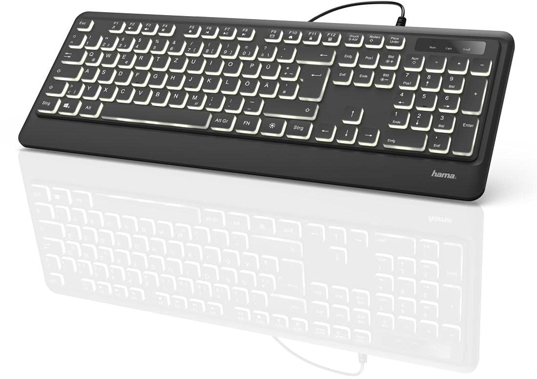 Hama USB Tastatur beleuchtet mit Kabel "KC-550" (laserbeschriftet, deutsches Tastenlayout QWERTZ, 12 Media-Tasten, ergonomische Tastatur für PC und Laptop, flach, extra langes Kabel 180 cm) schwarz