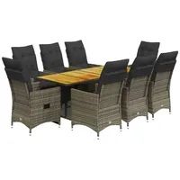 VidaXL 9-tlg. Garten-Essgruppe mit Kissen Grau Poly Rattan