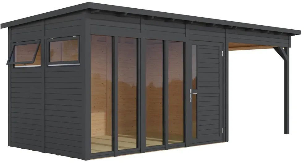 Bertilo Element-Gartenhaus Pentus 3 Office inkl. Lounge-Anbau - 19 mm anthrazit 558 x 234 cm