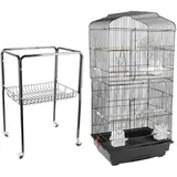 Voliere Vogelkäfig auf Rollen, Design Haus, Sitzstangen, Türen, herausnehmbare Fäkalienten, Metall, Haustierprodukte, Käfig, mit Zubehör und Halterung mit Aufbewahrung, 61,5 x 43 x 137 cm