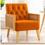 HomeMiYN Sessel Samt Sessel mit Rattan Armlehne Wohnzimmer Modern Loungesessel Relaxsessel Schlafzimmer Balkon Holz Wohnzimmer Polstersessel Modern Rattan Armlehne Samt Stuhl (Orange), mit Ratten orange