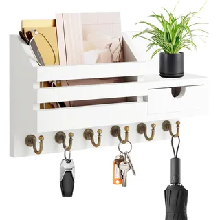 iulrtba Schlüsselbrett mit Ablage, Schlüsselbrett Holz mit 6 Haken und Aufbewahrungsschublade, Schlüsselablage, Schlüsselhalter Wand Schlüsselboard für Eingang Büro Flur (Weiß)