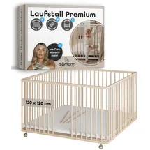 Sämann Laufgitter mit Matratze SleepPlus, Lattenrost | Sprossen natur Premium | Gr.: 120x120 cm)