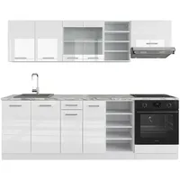 Vicco Küchenzeile Küchenblock Einbauküche R-Line 240 cm Weiß Arbeitsplatte Hochglanz