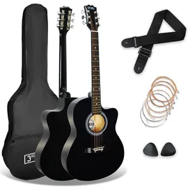 3rd Avenue 4/4 Westerngitarren-Set in Normalgröße mit Cutaway, für Anfänger – 6 Monate KOSTENLOSER Unterricht, Tasche, Gurt, Plektren und Ersatzsaiten – in Schwarz