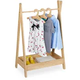 Relaxdays Kleiderständer Kinder, HBT 98,5 x 62 x 40 cm, 3 Kleiderbügel, Kleiderstange & Ablage, Kindergarderobe, Natur