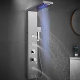 OUGOO LED Duschpaneel mit Armatur Edelstahl, 5 Funktionen Wandmontage Duschpaneele Komplett mit Regendusche, Wasserfall, 3 Massagedüsen, Handbrause und Badewanneneinlauf, Gebürstet