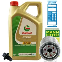 Ölwechsel Set Inspektion 5L Castrol Edge Titanium FST LL 5W-30 Öl Motoröl + MANN Ölfilter + Öl Ablassschraube Verschlussschraube