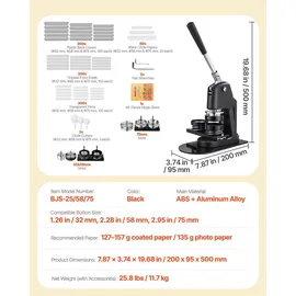 Vevor Buttonmaschine Knopfmachermaschine Badge Punch Press 32/58 / 75 mm, Pinmaker mit 300 Buttonteilen & Kreisschneider & Zauberbuch & verstärkter ergonomischer Griff, DIY Badge Machine schwarz
