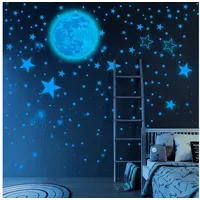 Haiaveng Wandtattoo Leuchtsterne Selbstklebend Kinderzimmer Wandsticker, Leuchtsticker Wandtattoo, Mond und Sterne Fluoreszierend Wandaufkleber blau