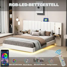 XDOVET Polsterbett mit Seitlichen Ablagen USB-Ladeanschluss und LED-Leiste Doppelbett Flachbett Verdecktes Fußteil Leinenstoff 160*200 cm Beige - Beige