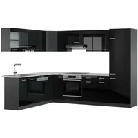 Vicco Eckküche, Schwarz Hochglanz, Anthrazit, Holzwerkstoff, L-Form,Formgebogen, 287x81.6x60 cm, Küchen, Eckküchen, Eckküchen ohne Geräte