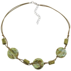 Gallay Perlenkette 3x Scheibe Kunststoff oliv-türkis-marmoriert Kordel olivgrün 45cm (1-tlg)
