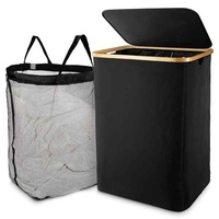 HOUZI Wäschekorb mit Deckel, schwarzer Wäschekorb mit abnehmbarem Wäschesack - Wäschesortierer für & Schlafzimmer